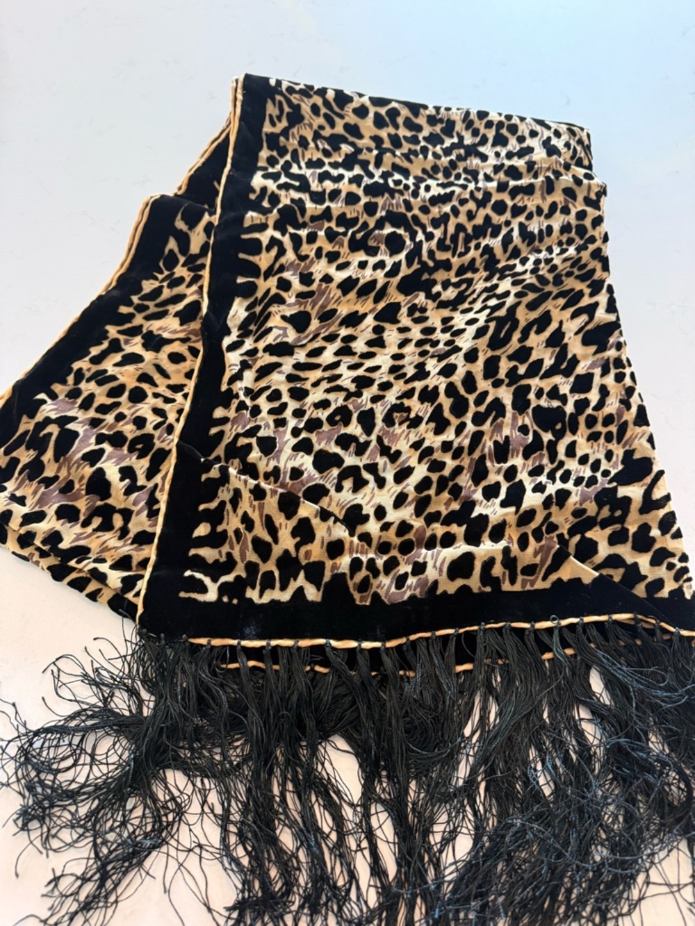 Leopard Print Fringe Scarf in Black and Tan